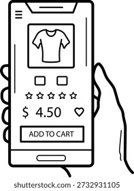 adicionando camisa ao carrinho via conceito de telefone celular, mão segurando smartphone com t-shirt app vetor ícone design, comércio eletrônico e ilustração de estoque de compras
