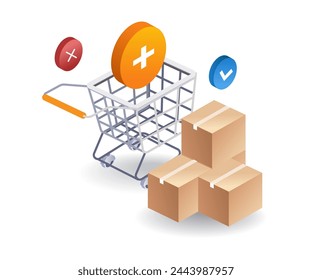 Añadiendo lista de la compra en la ilustración 3d isométrica plana del Carrito del carro