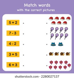 adding and subtract match with pictures. Educational worksheet for preschool