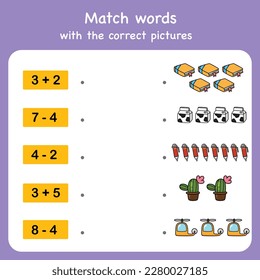adding and subtract match with pictures. Educational worksheet for preschool