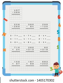 Adding and Subtracting Fractions Mathematical Worksheet Set. Triangles. Coloring Book Page. Math Puzzle. Educational Game. Vector illustration. 