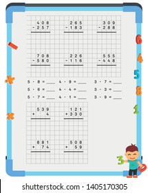 Adding and Subtracting Fractions Mathematical Worksheet Set. Triangles. Coloring Book Page. Math Puzzle. Educational Game. Vector illustration. 