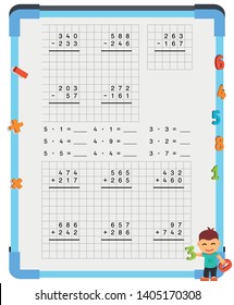 Adding and Subtracting Fractions Mathematical Worksheet Set. Triangles. Coloring Book Page. Math Puzzle. Educational Game. Vector illustration. 