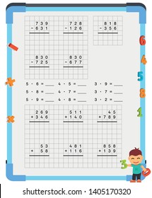 Adding and Subtracting Fractions Mathematical Worksheet Set. Triangles. Coloring Book Page. Math Puzzle. Educational Game. Vector illustration. 