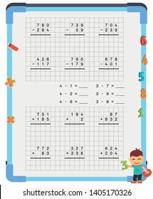 Adding and Subtracting Fractions Mathematical Worksheet Set. Triangles. Coloring Book Page. Math Puzzle. Educational Game. Vector illustration. 