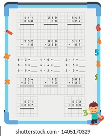 Adding and Subtracting Fractions Mathematical Worksheet Set. Triangles. Coloring Book Page. Math Puzzle. Educational Game. Vector illustration. 