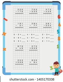 Adding and Subtracting Fractions Mathematical Worksheet Set. Triangles. Coloring Book Page. Math Puzzle. Educational Game. Vector illustration. 