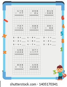 Adding and Subtracting Fractions Mathematical Worksheet Set. Triangles. Coloring Book Page. Math Puzzle. Educational Game. Vector illustration. 