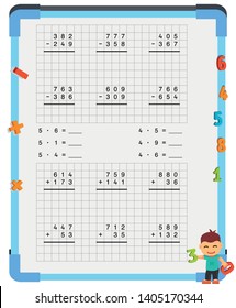 Adding and Subtracting Fractions Mathematical Worksheet Set. Triangles. Coloring Book Page. Math Puzzle. Educational Game. Vector illustration.  