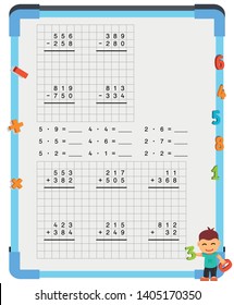 Adding and Subtracting Fractions Mathematical Worksheet Set. Triangles. Coloring Book Page. Math Puzzle. Educational Game. Vector illustration. 