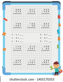 Adding and Subtracting Fractions Mathematical Worksheet Set. Triangles. Coloring Book Page. Math Puzzle. Educational Game. Vector illustration. 