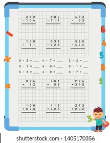 Adding and Subtracting Fractions Mathematical Worksheet Set. Triangles. Coloring Book Page. Math Puzzle. Educational Game. Vector illustration. 