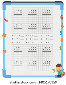 Adding and Subtracting Fractions Mathematical Worksheet Set. Triangles. Coloring Book Page. Math Puzzle. Educational Game. Vector illustration. 