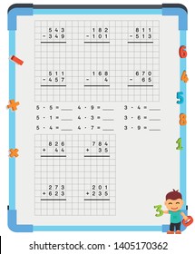 Adding and Subtracting Fractions Mathematical Worksheet Set. Triangles. Coloring Book Page. Math Puzzle. Educational Game. Vector illustration. 