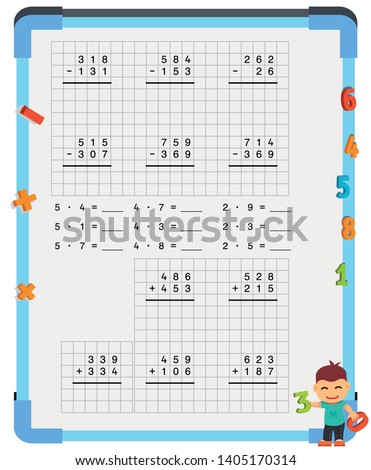 Adding and Subtracting Fractions Mathematical Worksheet Set. Triangles. Coloring Book Page. Math Puzzle. Educational Game. Vector illustration. 