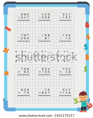 Adding and Subtracting Fractions Mathematical Worksheet Set. Triangles. Coloring Book Page. Math Puzzle. Educational Game. Vector illustration. 