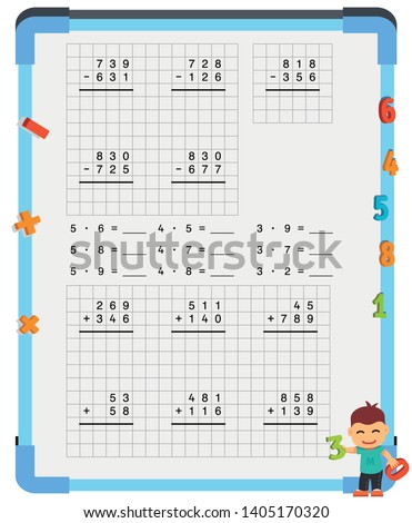 Adding and Subtracting Fractions Mathematical Worksheet Set. Triangles. Coloring Book Page. Math Puzzle. Educational Game. Vector illustration. 