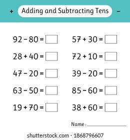 Adding and Subtracting Tens. Math worksheets for kids. Mathematics. Development of logical thinking. School education. Vector illustration