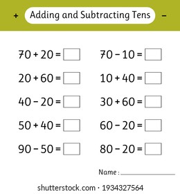 Adding and Subtracting Tens. School education. Math worksheets for kids. Development of logical thinking. Mathematics. Vector illustration