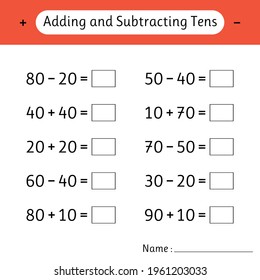 Adding and Subtracting Tens. School education. Mathematics. Development of logical thinking. Math worksheets for kids. Vector illustration
