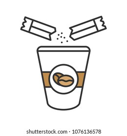 Adding Sugar To Coffee Color Icon. Disposable Coffee Cup And Sugar Sachet. Isolated Vector Illustration