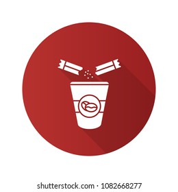 Adding sugar to coffee flat design long shadow glyph icon. Disposable coffee cup and sugar sachet. Vector silhouette illustration