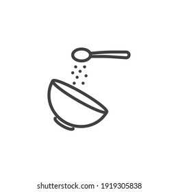 Adding sugar spoon into bowl line icon. linear style sign for mobile concept and web design. Cooking and baking instruction outline vector icon. Symbol, logo illustration. Vector graphics