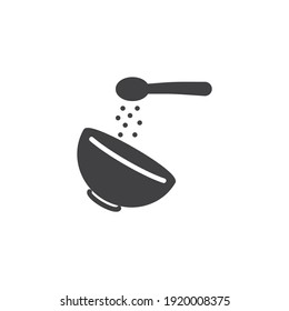 Adding sugar spoon into bowl vector icon. filled flat sign for mobile concept and web design. Cooking and baking instruction glyph icon. Symbol, logo illustration. Vector graphics