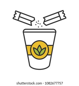 Adding sugar to tea color icon. Disposable tea cup with sugar sachets. Isolated vector illustration