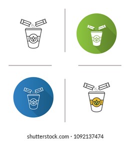 Adding sugar to tea icon. Disposable tea cup with sugar sachets. Flat design, linear and color styles. Isolated vector illustrations