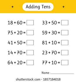 Adding Tens. Math worksheets for kids. Mathematics. School education. Development of logical thinking. Vector illustration