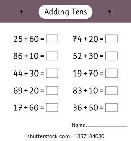 Añadiendo Decenas. Hojas de cálculo matemáticas para niños. Educación escolar. Desarrollo del pensamiento lógico. Matemáticas. Ilustración del vector