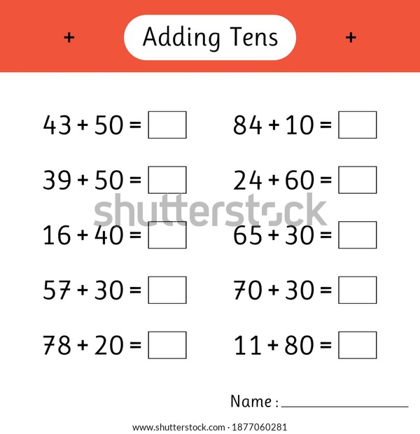 adding tens math worksheets kids mathematics stock vector royalty free 1877060281
