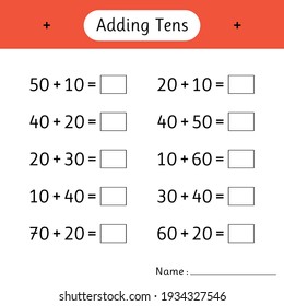 Adding Tens. School education. Development of logical thinking. Mathematics. Math worksheets for kids. Vector illustration