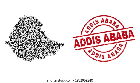 Addis Ababa distress stamp, and Ethiopia map collage of airplane elements. Collage Ethiopia map designed of airplanes. Red badge with Addis Ababa tag, and distress rubber texture.
