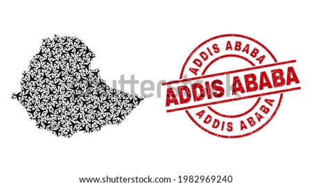 Addis Ababa distress stamp, and Ethiopia map collage of airplane elements. Collage Ethiopia map designed of airplanes. Red badge with Addis Ababa tag, and distress rubber texture.