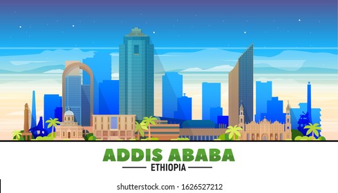 Addis Ababa ( Ethiopia ) city skyline at white background. Flat vector illustration. Business travel and tourism concept with modern buildings. Image for banner or web site.