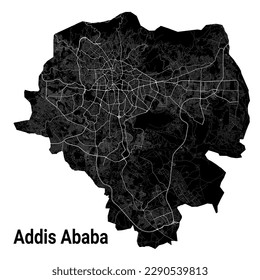 Addis Ababa, Ethiopia map. Detailed black map of Addis Ababa city administrative area. Cityscape poster metropolitan aria view. Black land with white roads and avenues. White background.