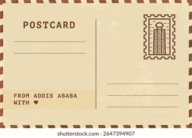 Do modelo de cartão postal de Adis Abeba. Ilustração de cartão postal estilo vintage grungy vetor com selo, marco, mensagem. Layout de imagem simples de saudações simples
