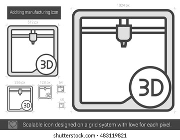 Additing manufacturing vector line icon isolated on white background. Additing manufacturing line icon for infographic, website or app. Scalable icon designed on a grid system. Additing manufacturing vector line icon isolated on white background. Additing manufacturing line icon for infographic, website or app. Scalable icon designed on a grid system.