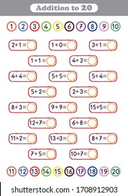 Addition to 20, math worksheet for kids, printable activity and homework pages