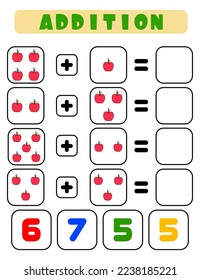 Adición de manzanas. Una tarea para los niños. Hoja de desarrollo educativo. Página de actividad de color. Un juego para los niños. Carácter gracioso.  Estilo de la caricatura