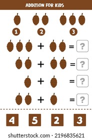 Addition with autumn pine cone. Educational math game for kids. 