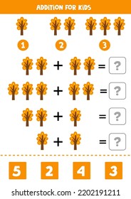 Addition with autumn tree. Educational math game for kids. 