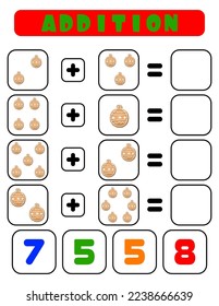 Adición de bolas. Una tarea para los niños. Hoja de desarrollo educativo. Página de actividad de color. Un juego para los niños.  Estilo de caricatura.