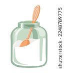 Addition to beverages, isolated glass jar filled with sugar. Wooden spoon for adding sweetness to tea or coffee. Cafe or home kitchenware and details on kitchen table, interior. Vector in flat style