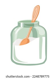 Addition to beverages, isolated glass jar filled with sugar. Wooden spoon for adding sweetness to tea or coffee. Cafe or home kitchenware and details on kitchen table, interior. Vector in flat style