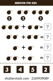 Addition with black bomb. Educational math game for kids. 