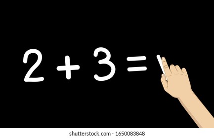 addition calculation on blackboard, hand holding chalk 