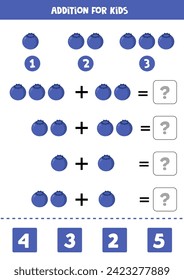 Addition with cartoon blueberry. Educational math game for kids.